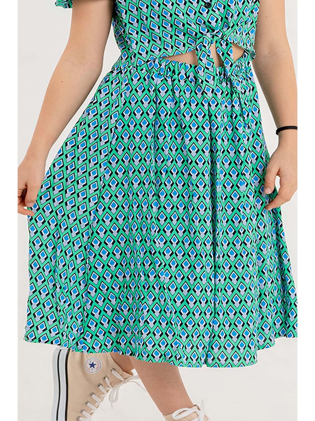 Turkuaz Kız Çocuk Desenli Göbeği Açık Su Yeşili Elbise-3