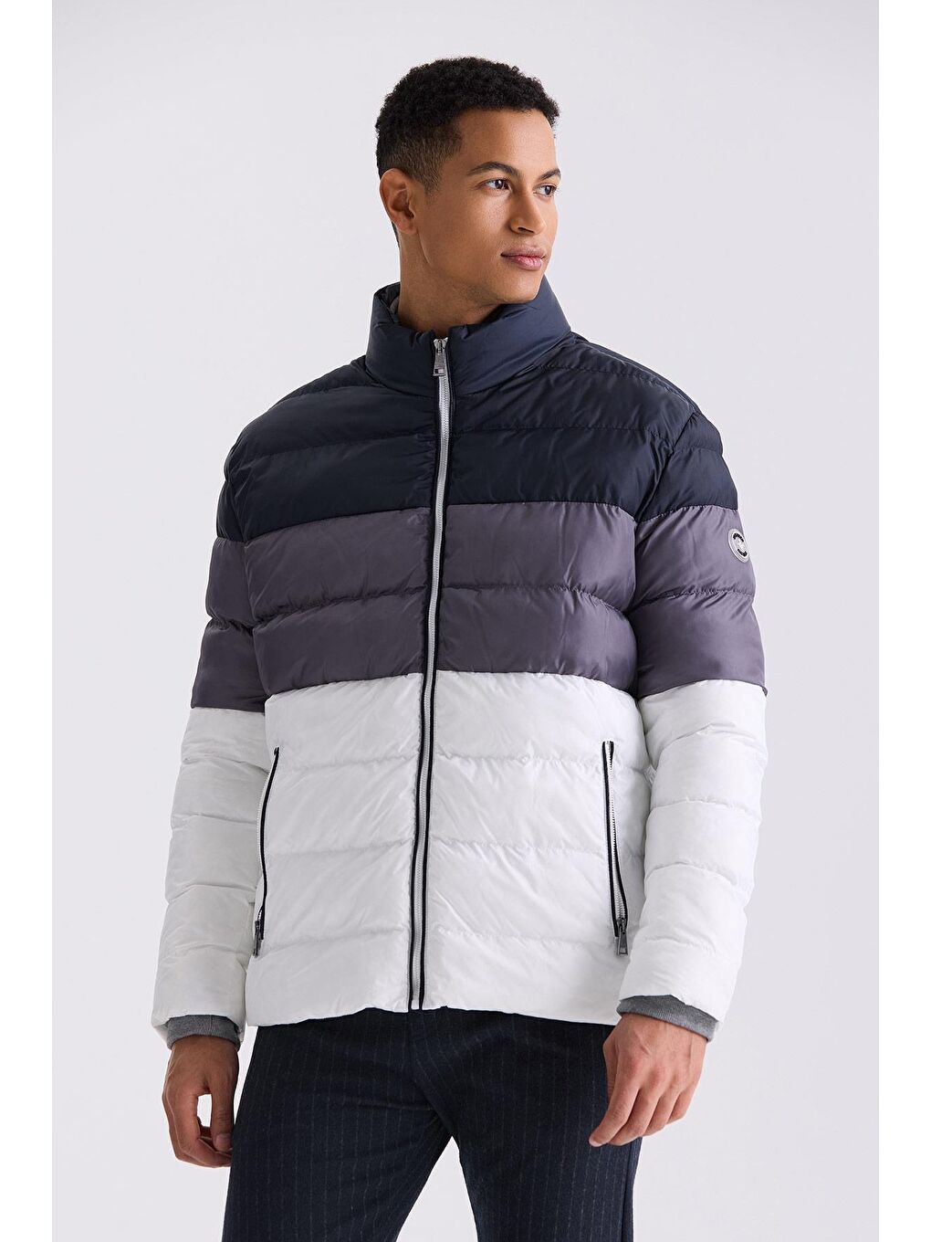 Lacivert Slim Fit Dik Yaka Kışlık Şişme Mont