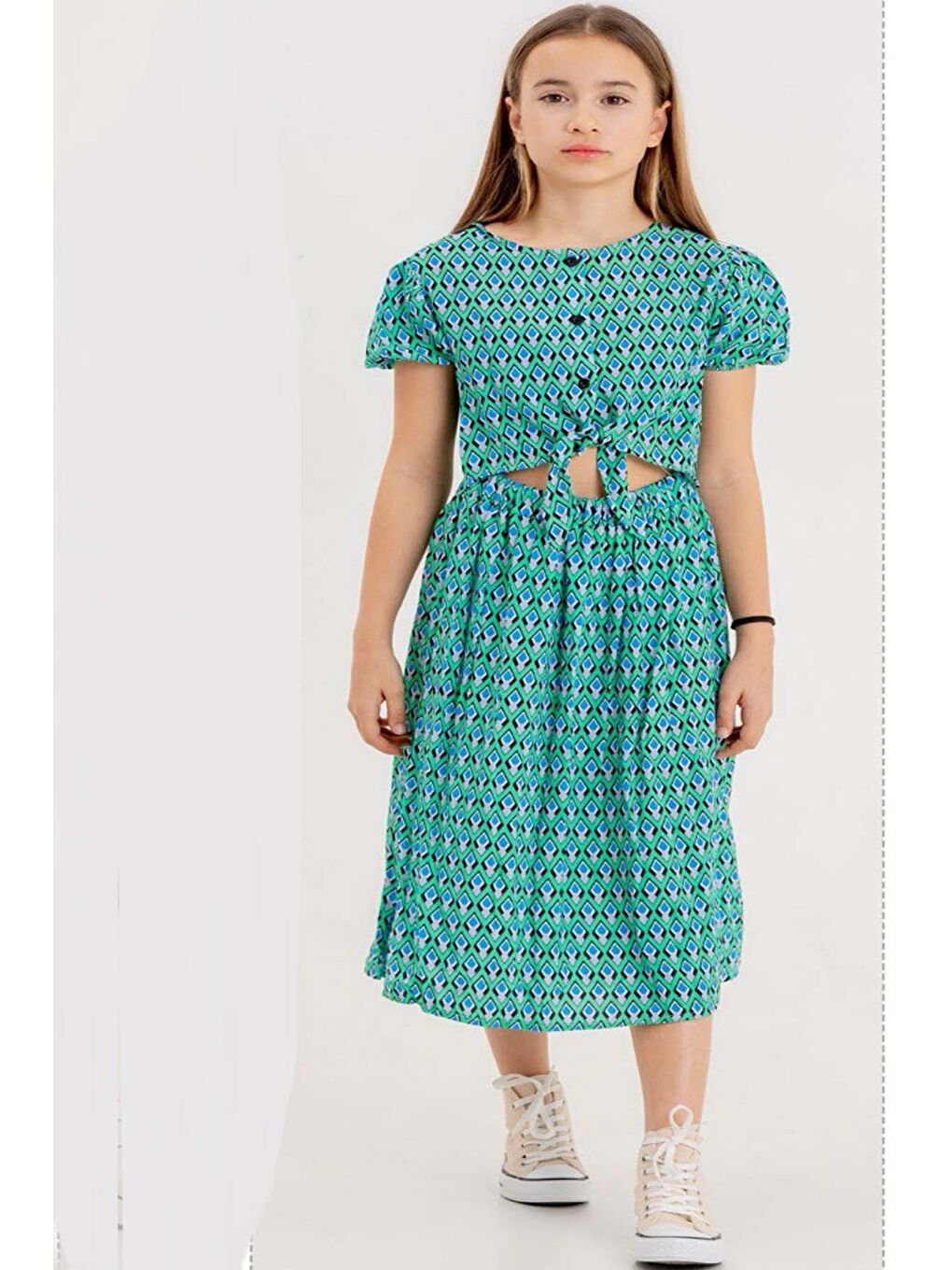 Turkuaz Kız Çocuk Desenli Göbeği Açık Su Yeşili Elbise-4