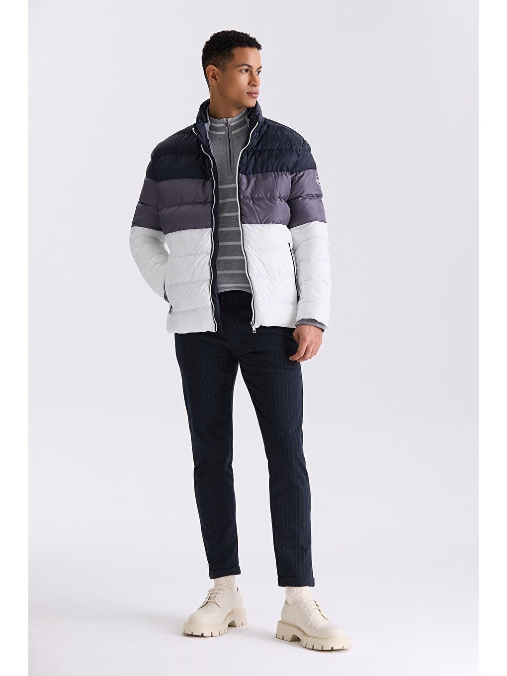 Lacivert Slim Fit Dik Yaka Kışlık Şişme Mont-1