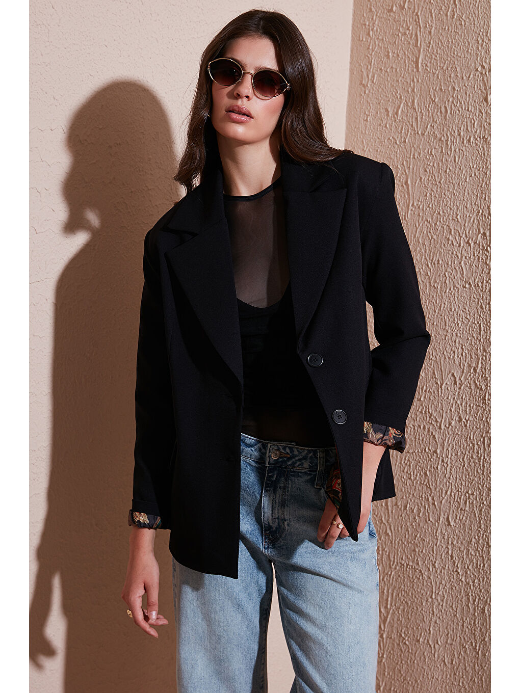 Siyah Regular Fit Mono Yaka Desenli Astar Detaylı Blazer Ceket 6524430