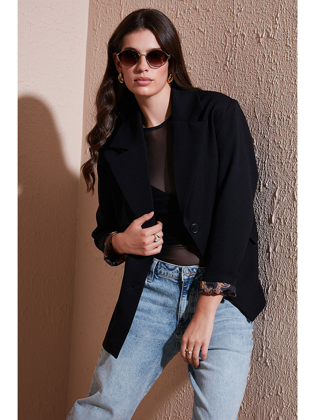 Siyah Regular Fit Mono Yaka Desenli Astar Detaylı Blazer Ceket 6524430-1