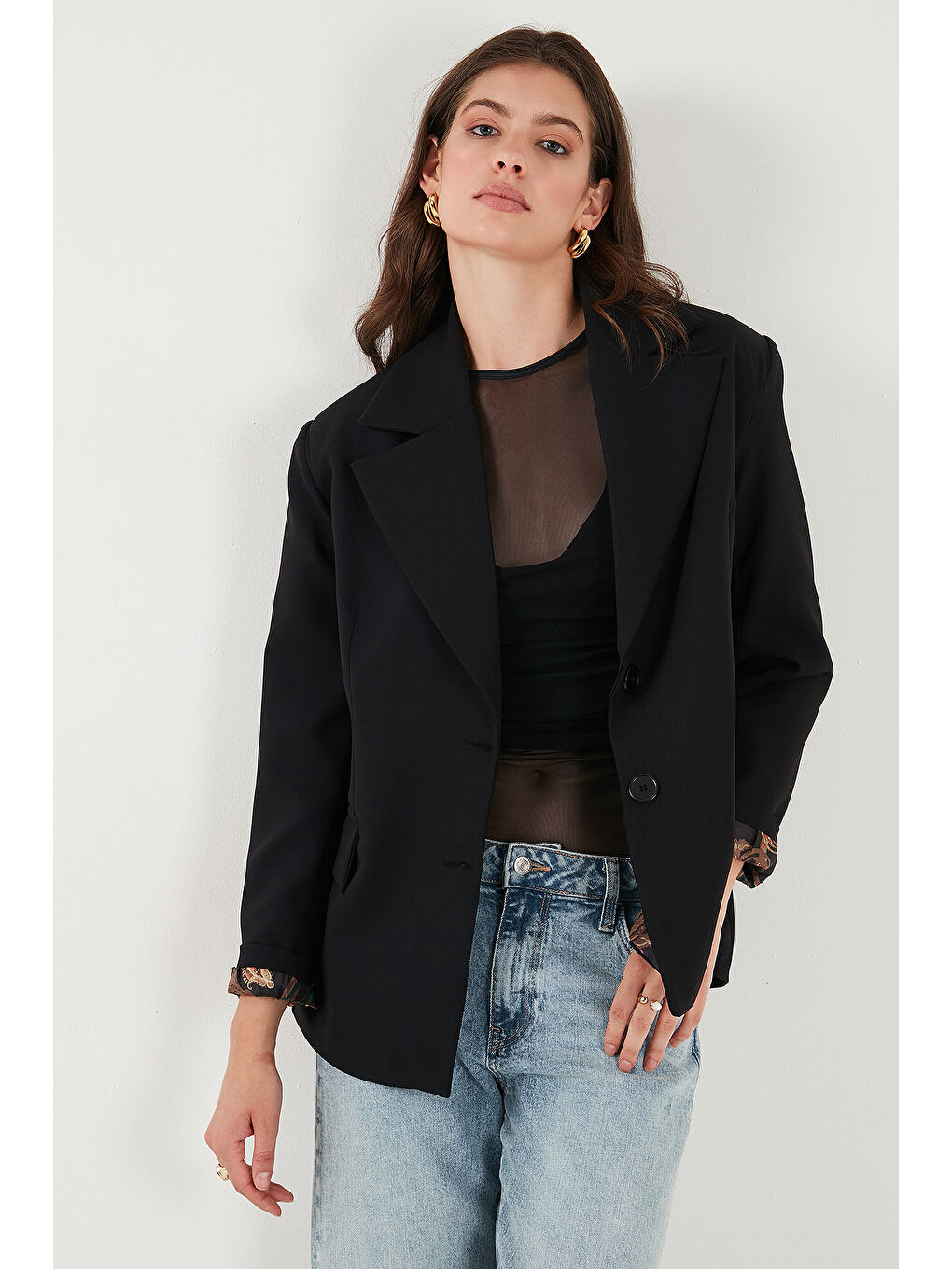 Siyah Regular Fit Mono Yaka Desenli Astar Detaylı Blazer Ceket 6524430-4