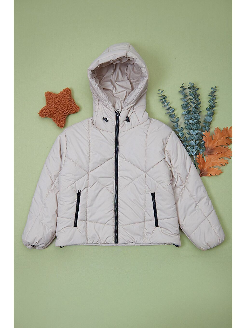 Bej Fermuarlı Stoperli Kapüşonlu Kız Çocuk Şişme Mont