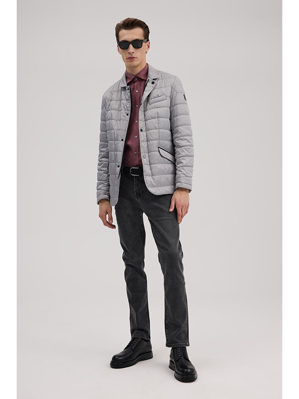 Gri Comfort Fit Dik Yaka Fermuarlı Şişme Mont