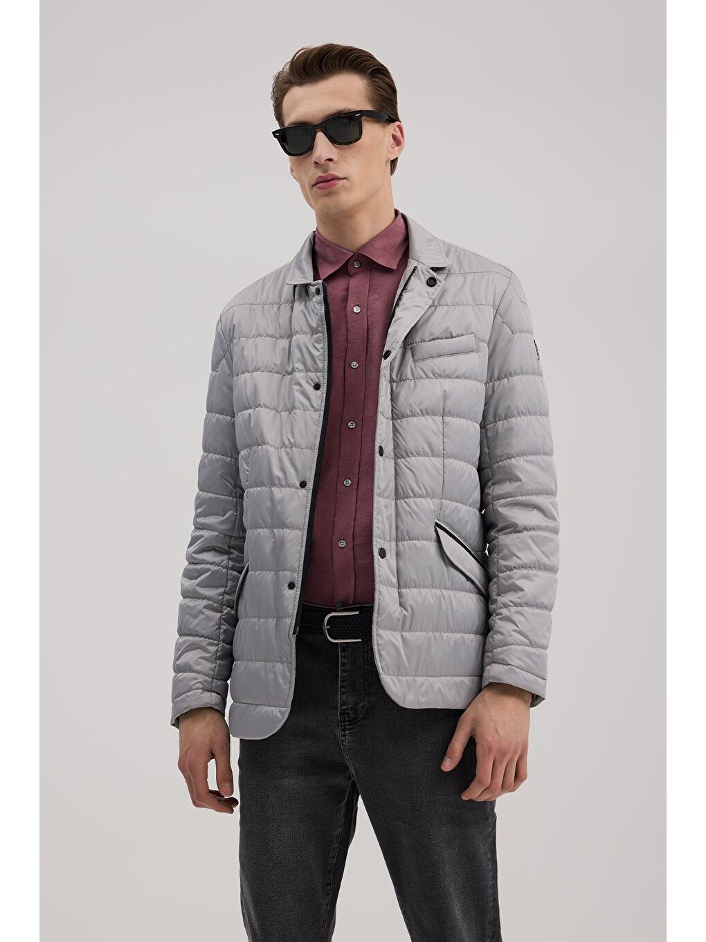 Gri Comfort Fit Dik Yaka Fermuarlı Şişme Mont-1
