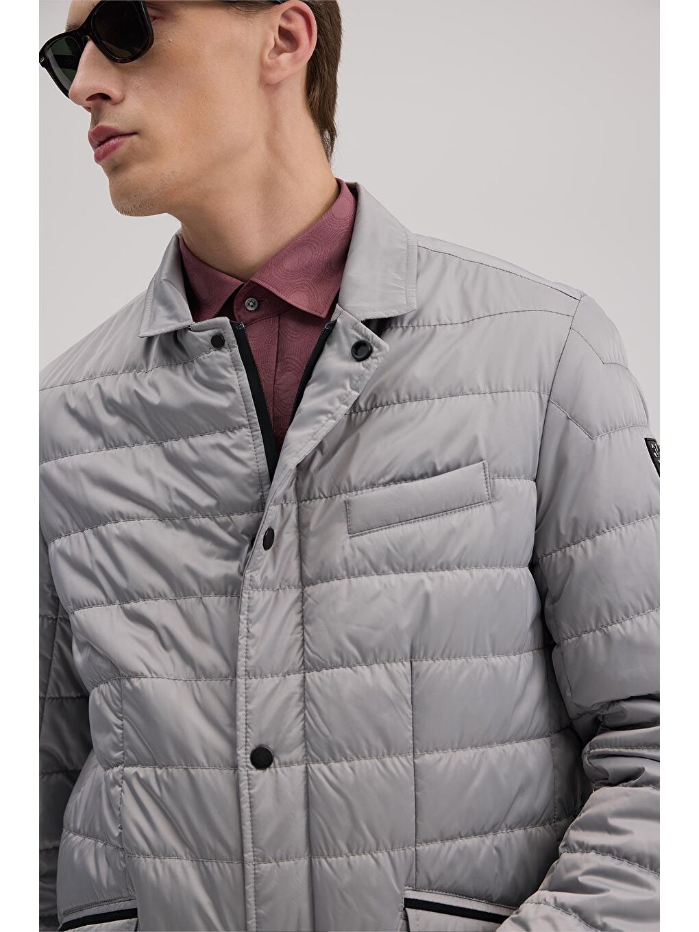 Gri Comfort Fit Dik Yaka Fermuarlı Şişme Mont-2