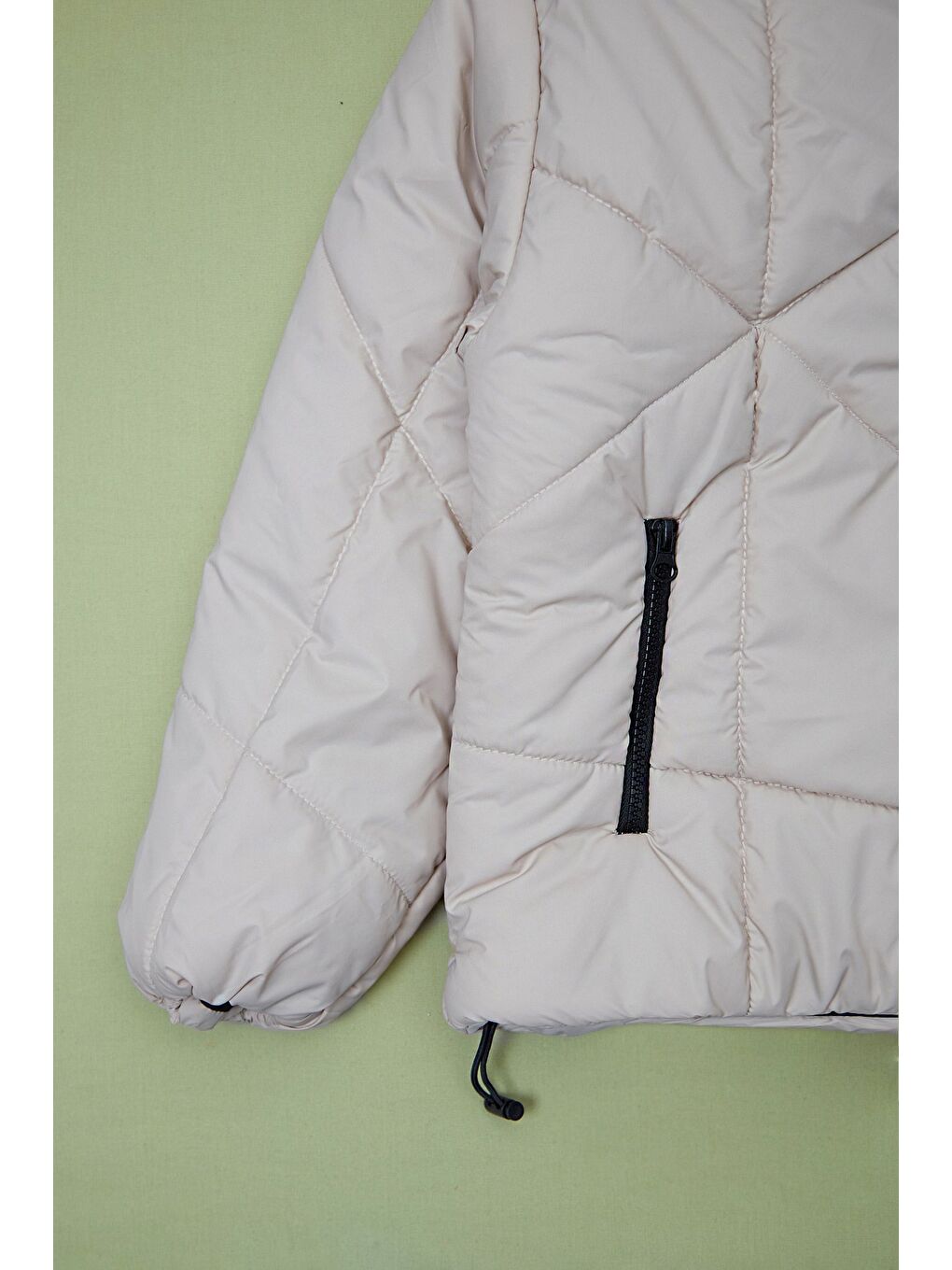 Bej Fermuarlı Stoperli Kapüşonlu Kız Çocuk Şişme Mont-3