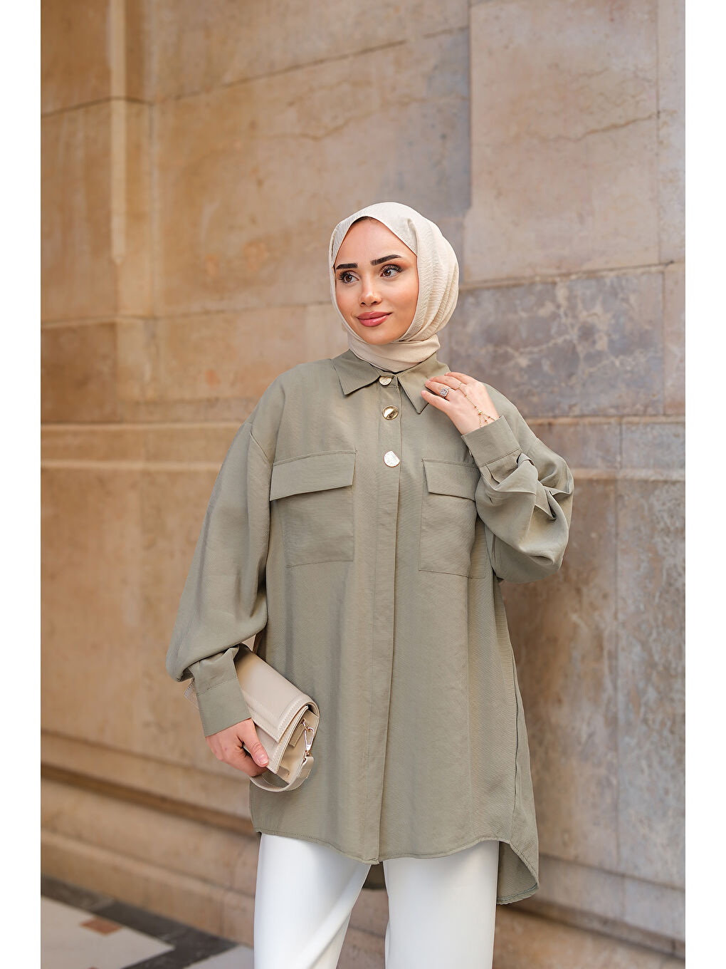 Kadın Kargo Cepli Oversize Gömlek Yeşil