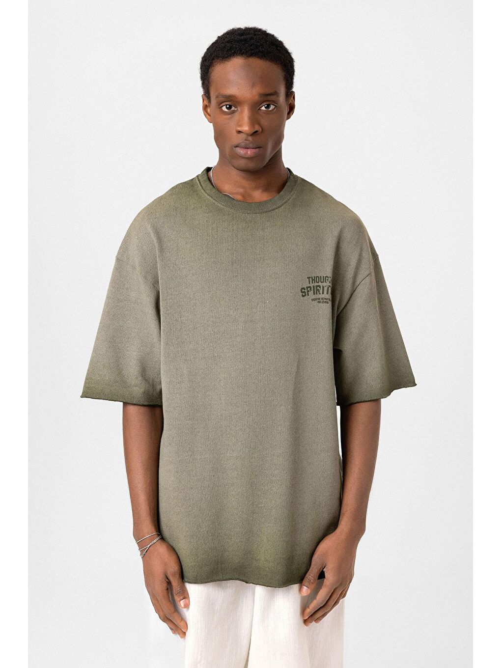 Yıkamalı Oversize Triko Tişört Haki-2