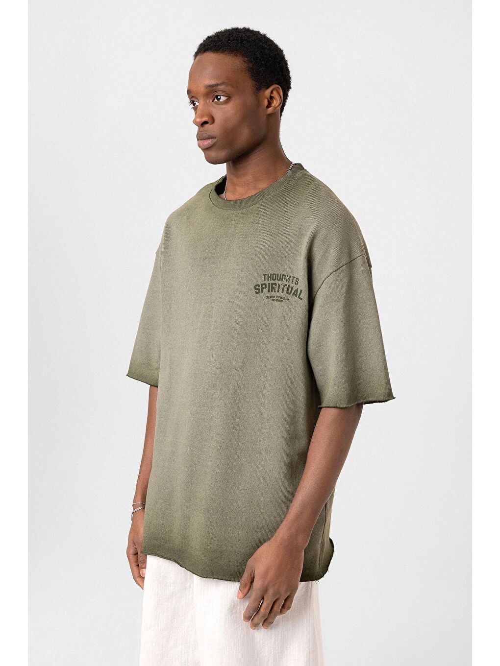 Yıkamalı Oversize Triko Tişört Haki-3