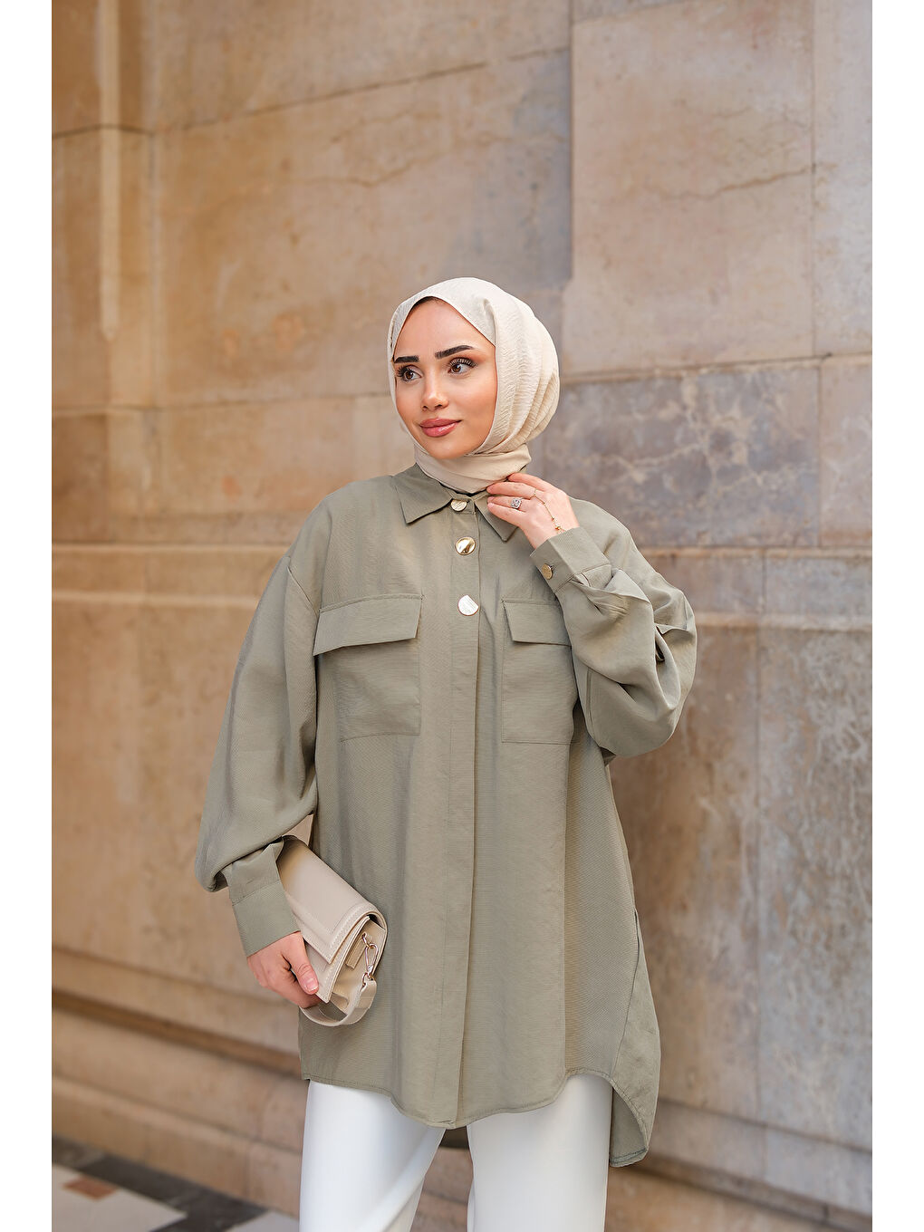 Kadın Kargo Cepli Oversize Gömlek Yeşil-1