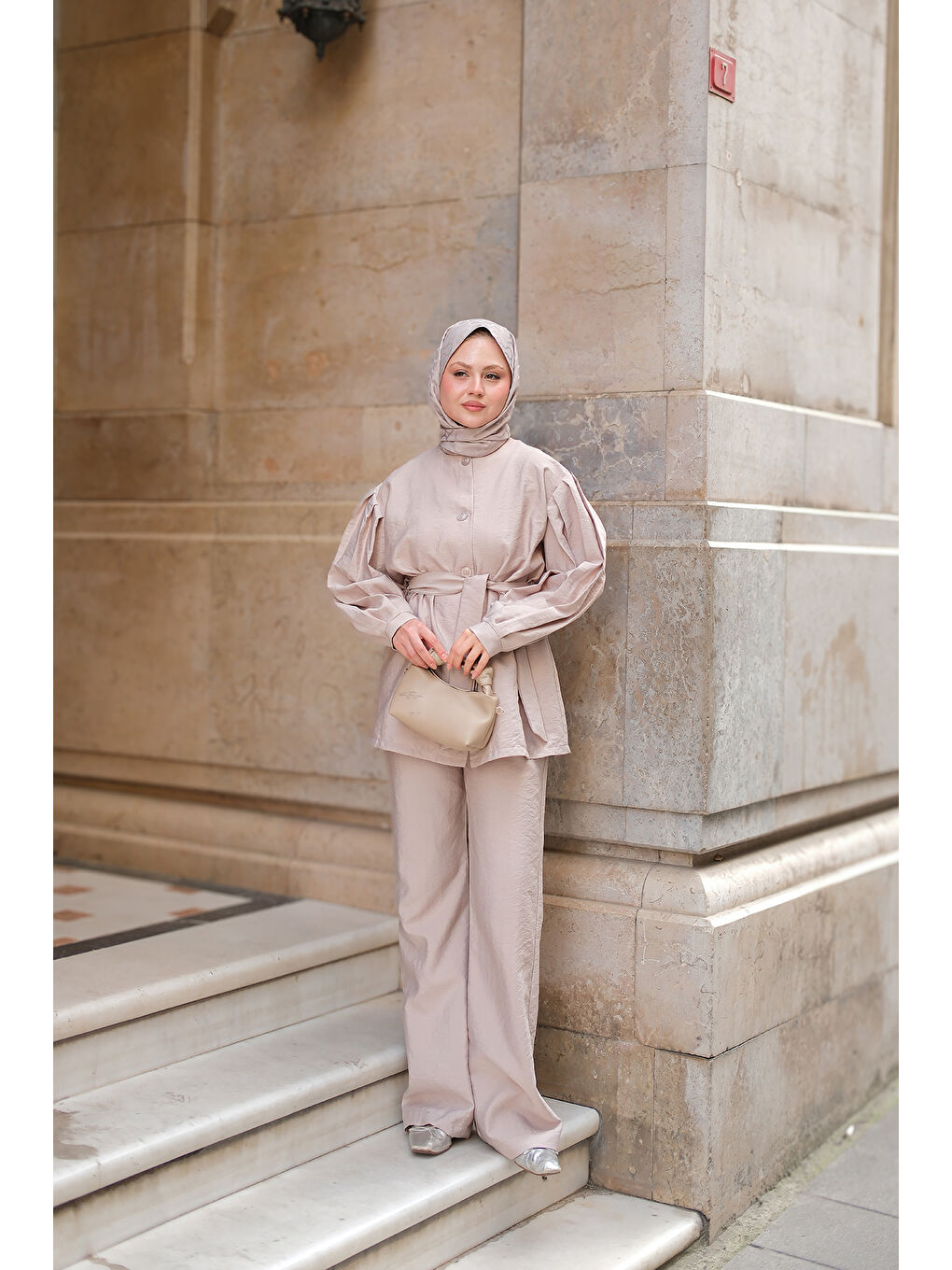 Ekru Kadın Pile Detaylı Kuşaklı İkili Takım Pudra-2