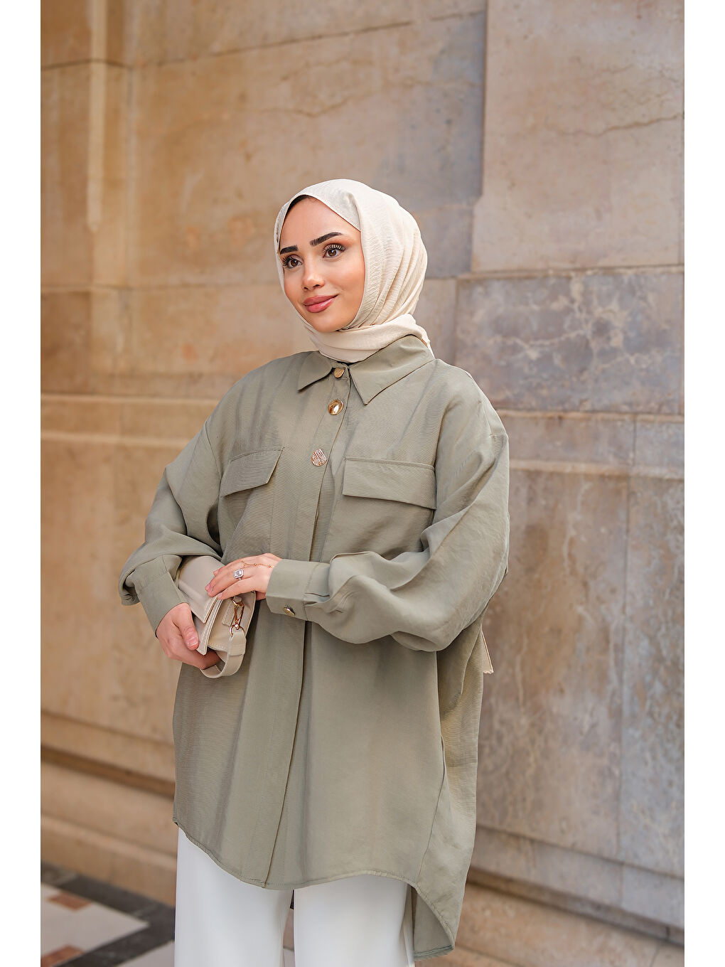 Kadın Kargo Cepli Oversize Gömlek Yeşil-2