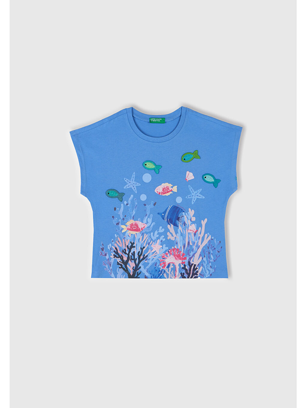 Kız Çocuk Mavi Kroşe Detaylı Kimono Kollu T-Shirt