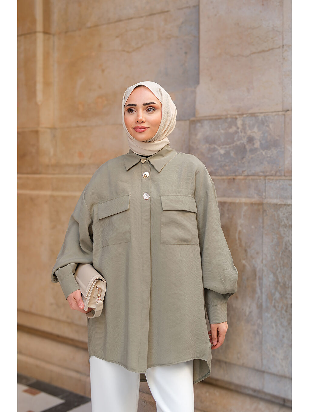 Kadın Kargo Cepli Oversize Gömlek Yeşil-3