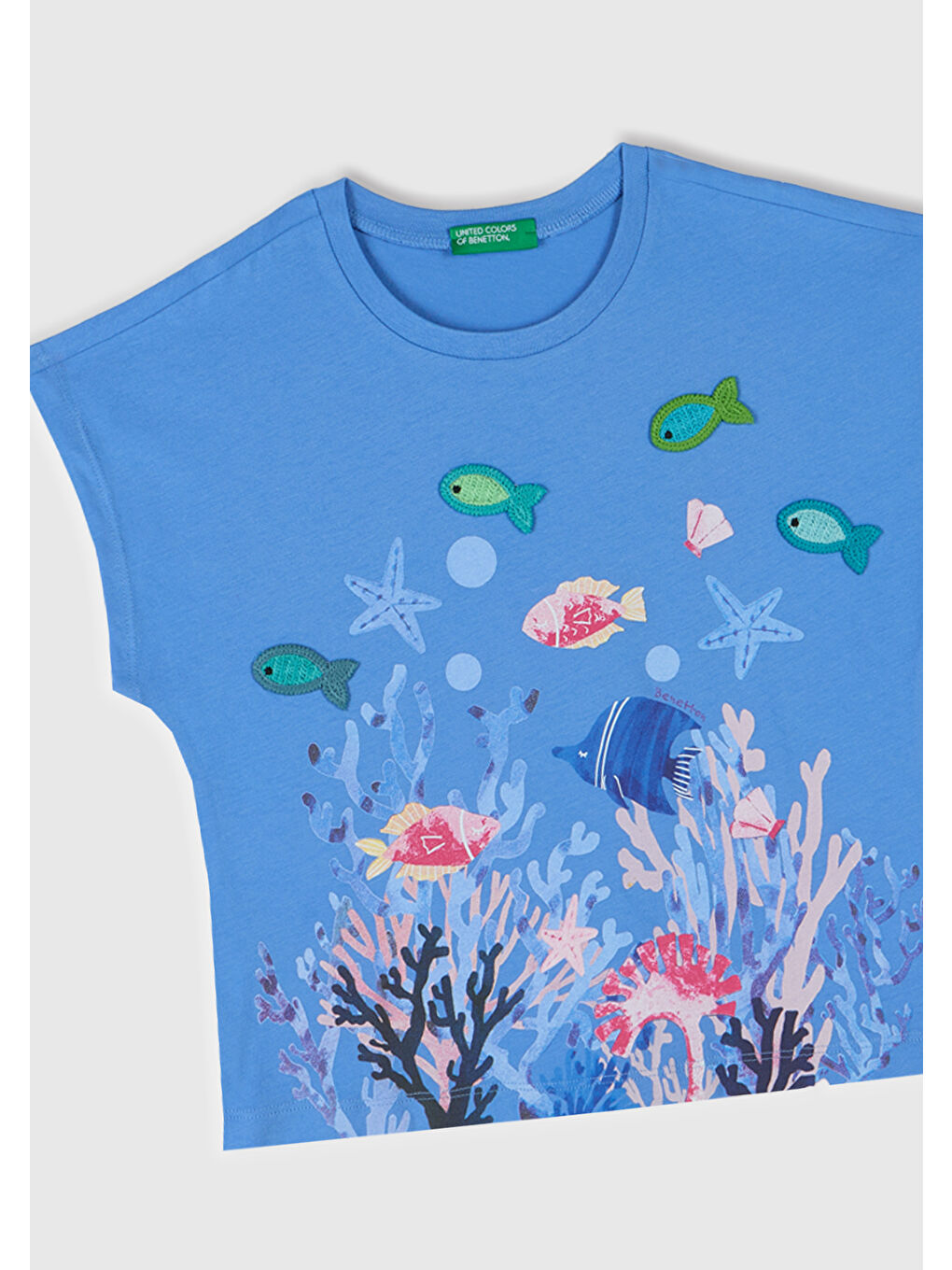 Kız Çocuk Mavi Kroşe Detaylı Kimono Kollu T-Shirt-1