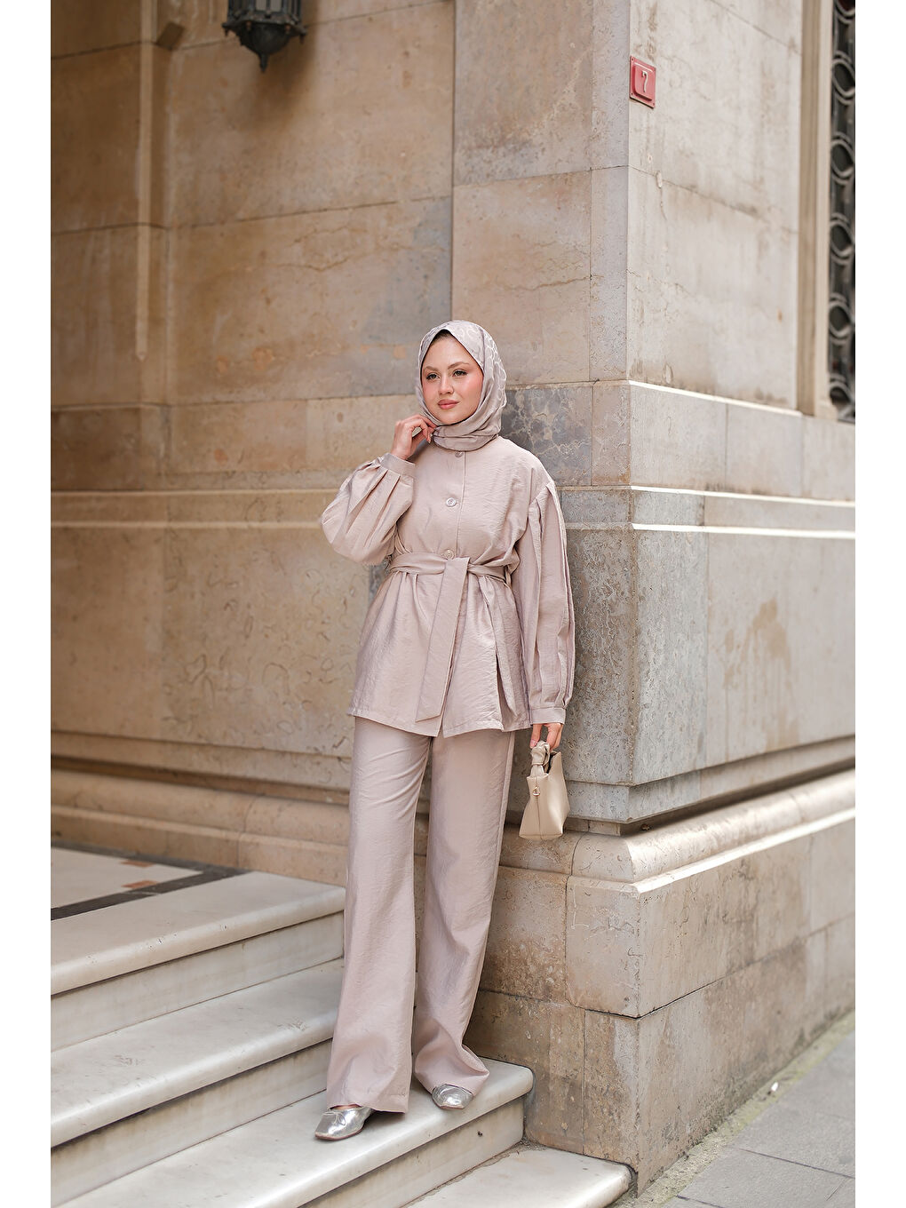 Ekru Kadın Pile Detaylı Kuşaklı İkili Takım Pudra-3
