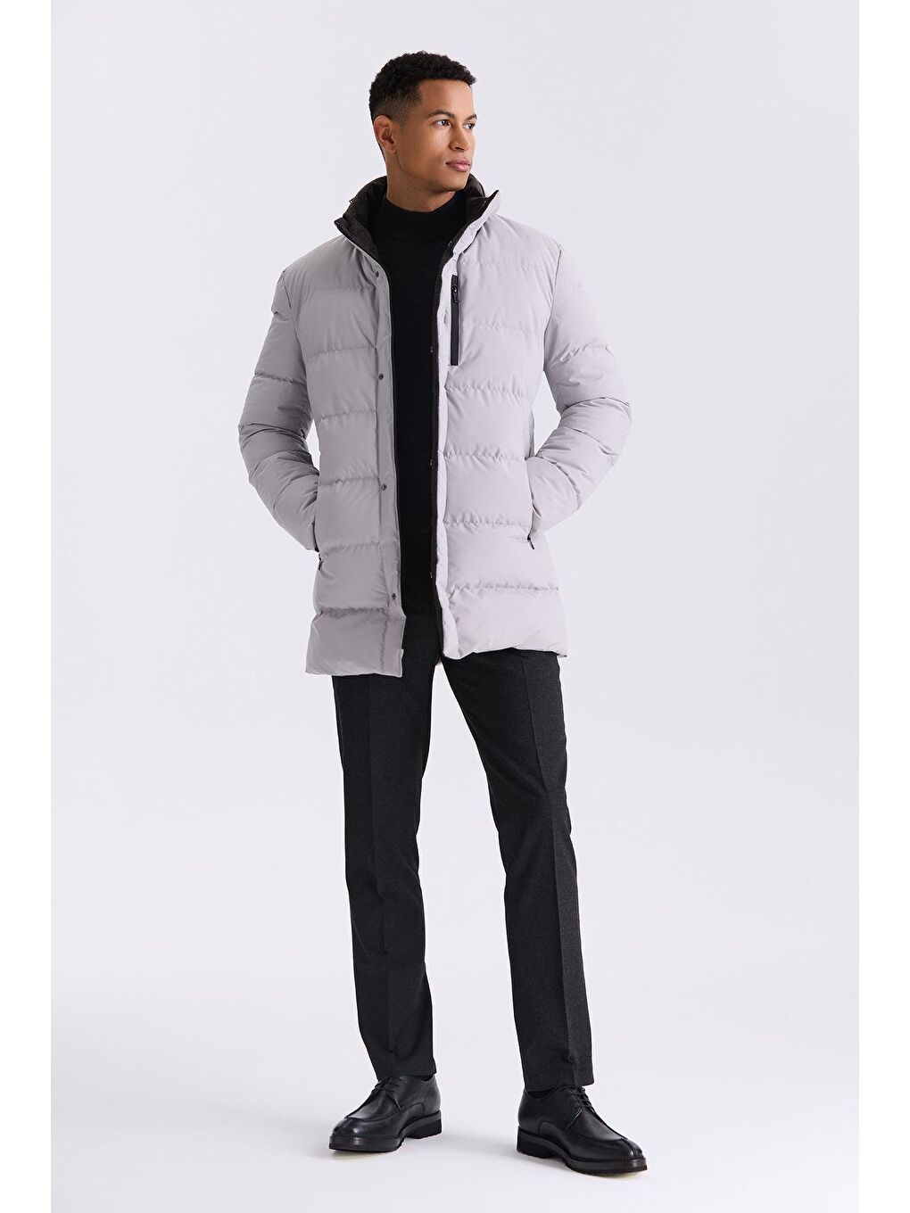 Bej Taş Regular Fit Hakim Yaka Fermuarlı Kışlık Şişme Mont-1