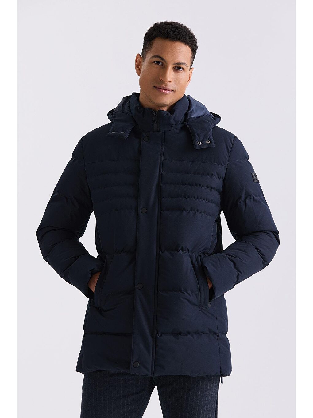 Lacivert Regular Fit Hakim Yaka Gizli Fermuarlı Şişme Mont