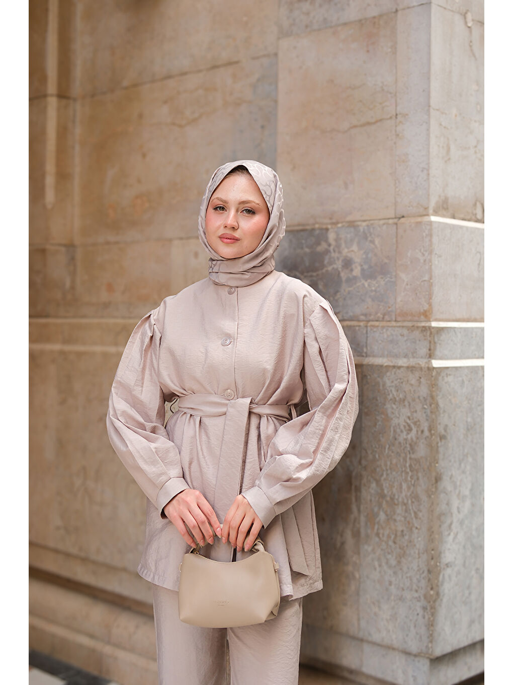 Ekru Kadın Pile Detaylı Kuşaklı İkili Takım Pudra-4