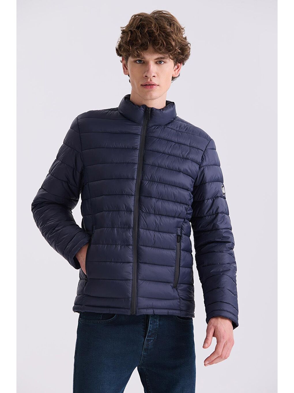 Lacivert Slim Fit Hakim Yaka Şişme Mont