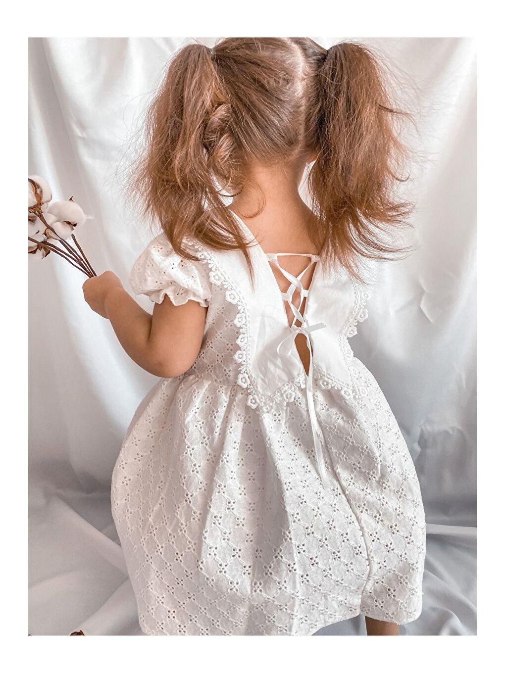 Kız Çocuk Beyaz Dantelli Astarlı Pamuklu Vintage Elbise-2