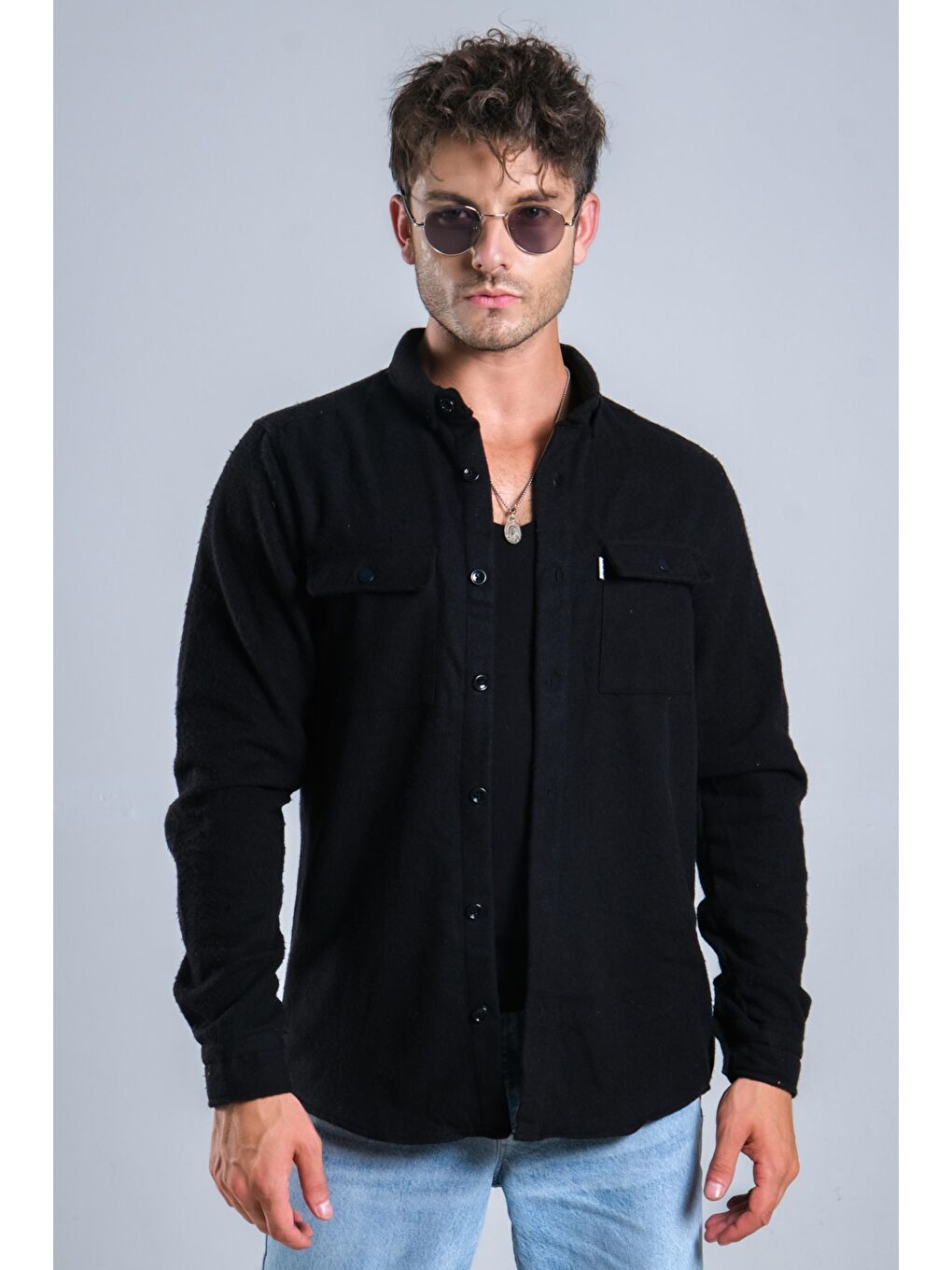 Siyah Demir Düğmeli Kapaklı Kışlık Oduncu Gömlek MAR 4145