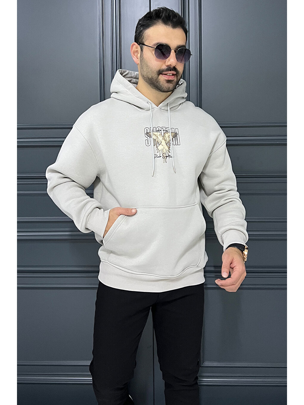 Mishar İtalia Gri Üç İplik Şardonlu Kapüşonlu Kartal Baskılı Erkek Sweatshirt