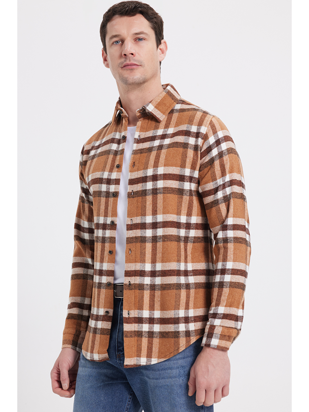 Kahverengi Erkek Slim Fit Dar Kesim Kareli Kışlık Oduncu Gömlek