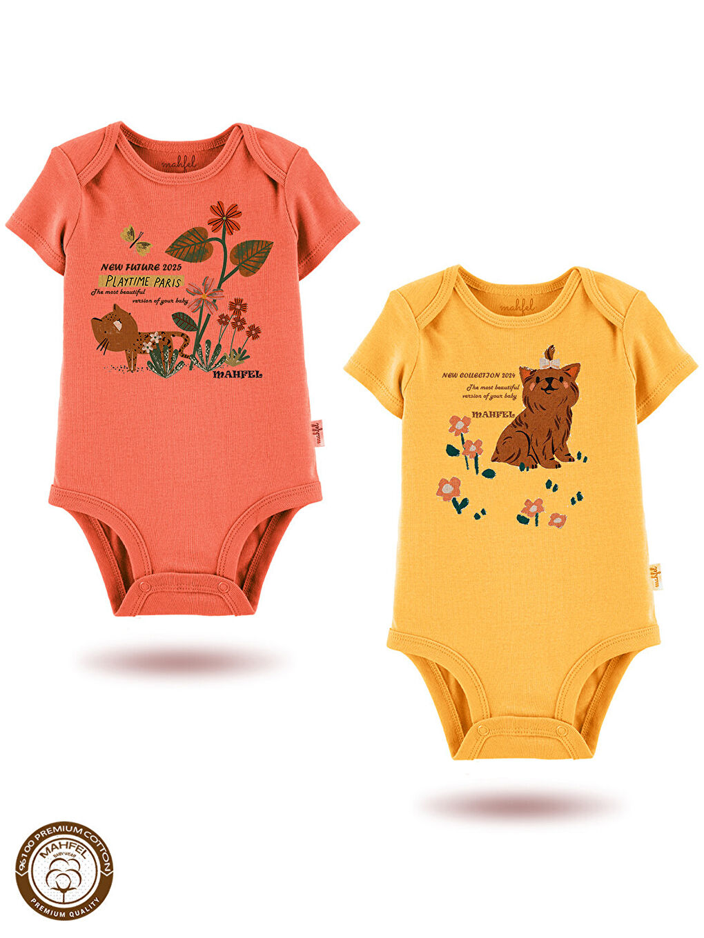 Ekru 2'Li %100 Pamuklu Organik Baskılı Kısa Kollu Çıtçıtlı Bebek Body Zıbın 755-761