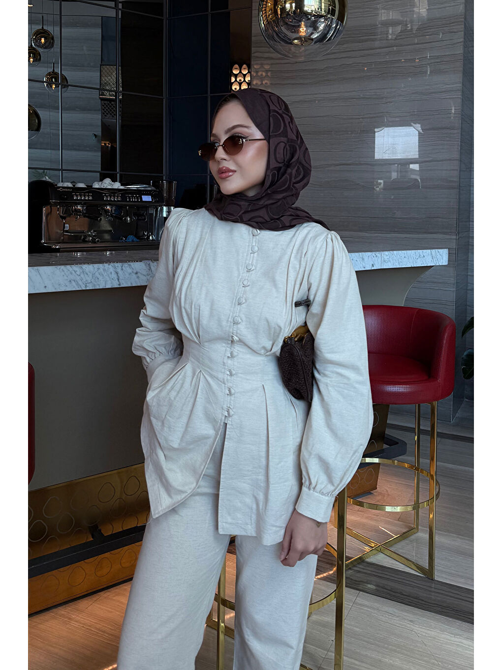 Ekru Kadın Beli Pens Detaylı Takım  Krem-3