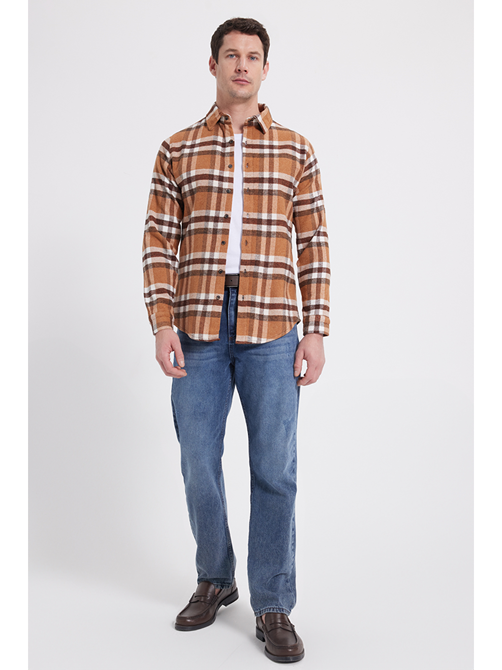Kahverengi Erkek Slim Fit Dar Kesim Kareli Kışlık Oduncu Gömlek-1