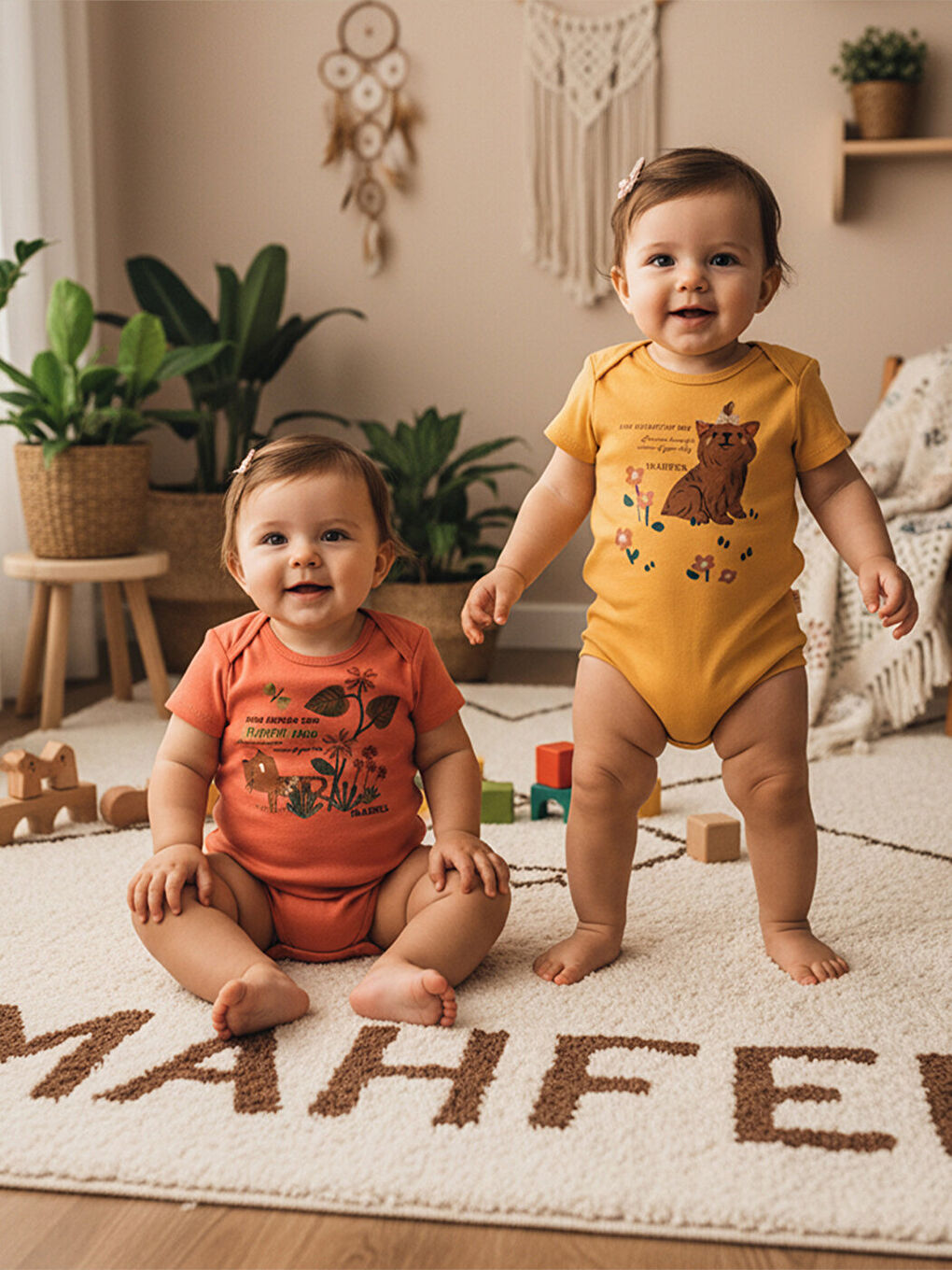 Ekru 2'Li %100 Pamuklu Organik Baskılı Kısa Kollu Çıtçıtlı Bebek Body Zıbın 755-761-1