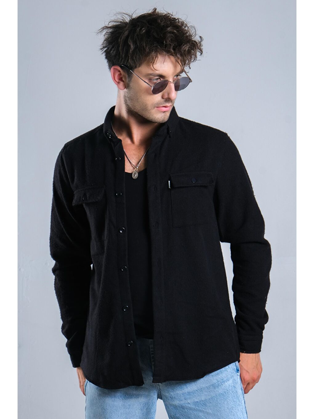 Siyah Demir Düğmeli Kapaklı Kışlık Oduncu Gömlek MAR 4145-1