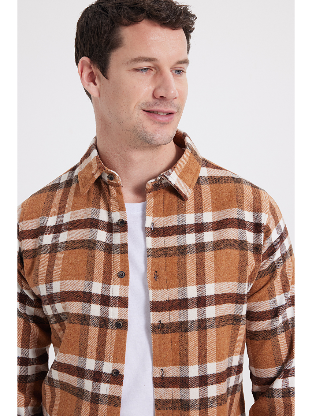 Kahverengi Erkek Slim Fit Dar Kesim Kareli Kışlık Oduncu Gömlek-2