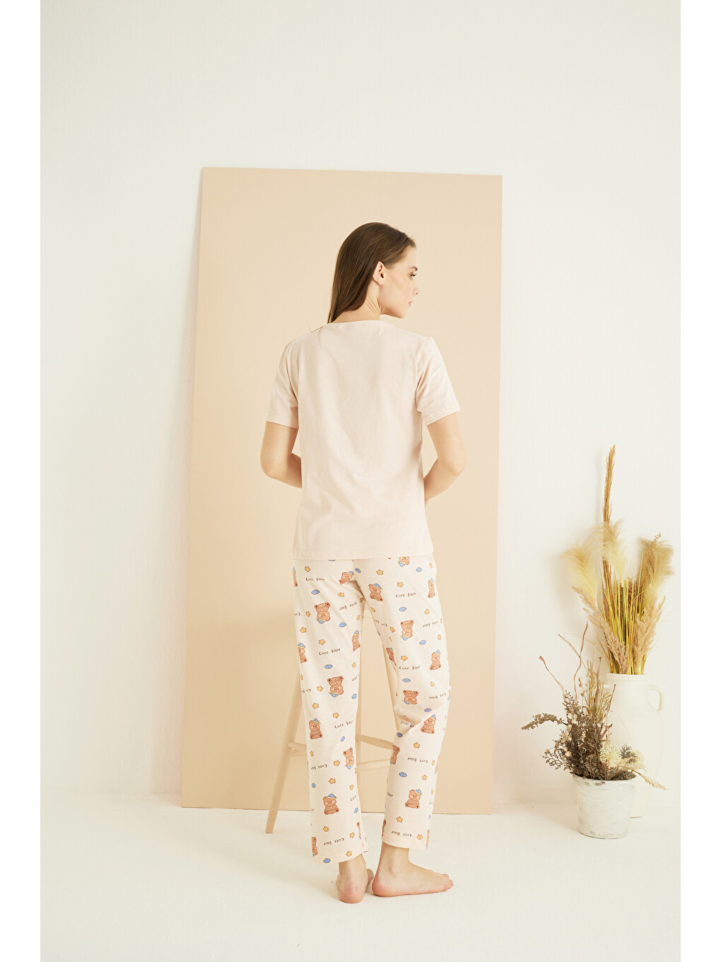 Pembe Somon Desenli Pamuklu Bisiklet Yaka Örme Pijama Takım25107144-3
