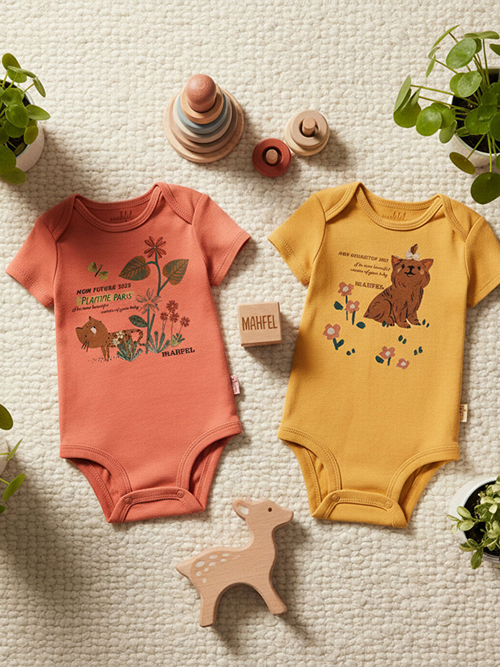 Ekru 2'Li %100 Pamuklu Organik Baskılı Kısa Kollu Çıtçıtlı Bebek Body Zıbın 755-761-2