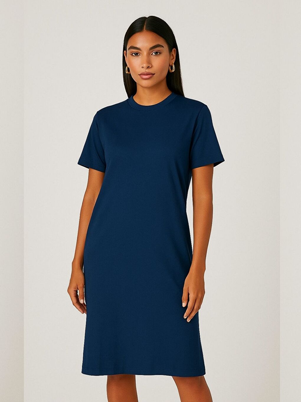 Kadın Lacivert %100 Pamuk Yırtmaç Detaylı Basic Elbise