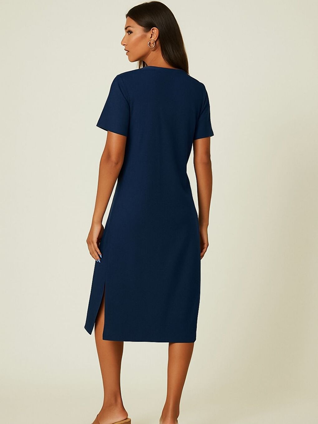 Kadın Lacivert %100 Pamuk Yırtmaç Detaylı Basic Elbise-1