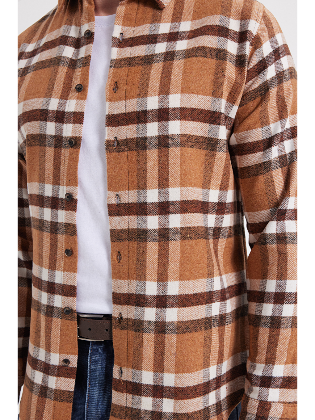 Kahverengi Erkek Slim Fit Dar Kesim Kareli Kışlık Oduncu Gömlek-3