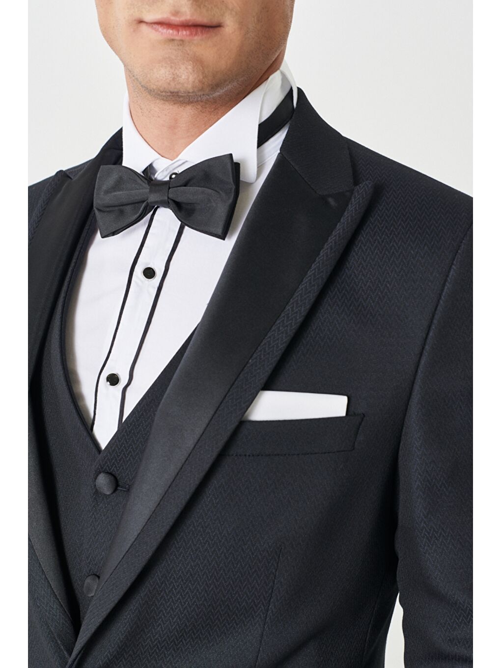 Erkek Lacivert Slim Fit Dar Kesim Kırlangıç Yaka Desenli Yelekli Smokin Takım-3