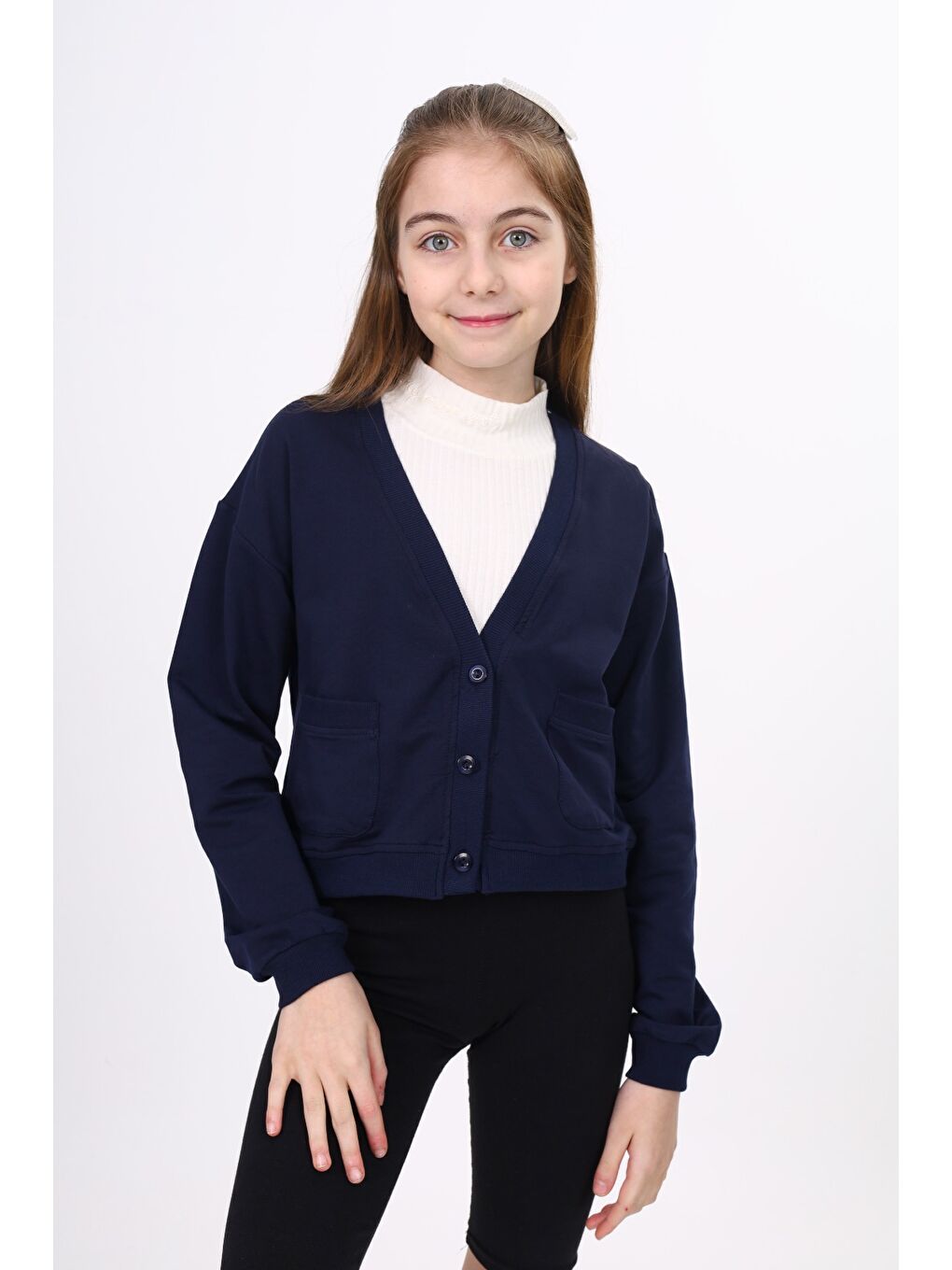 Lacivert Kız Çocuk Kaşkorse Detaylı Düğmeli Okul Hırka