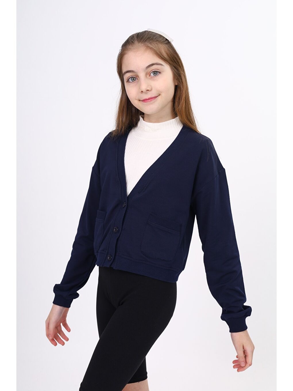 Lacivert Kız Çocuk Kaşkorse Detaylı Düğmeli Okul Hırka-1
