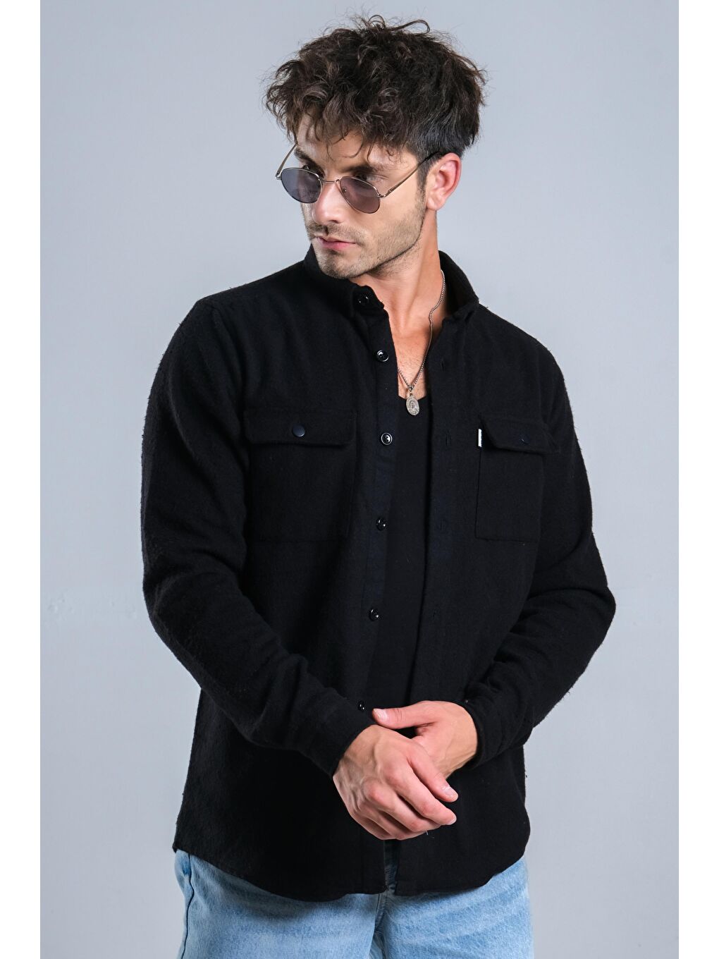 Siyah Demir Düğmeli Kapaklı Kışlık Oduncu Gömlek MAR 4145-2