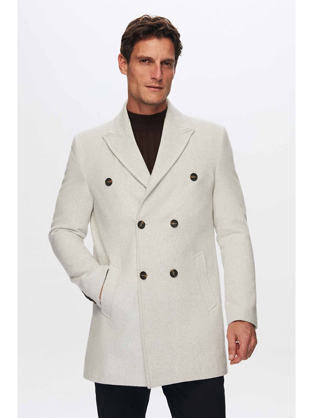 Regular Fit Bej Yakası Çıkartılabilir Kürklü Kruvaze Kaban-2