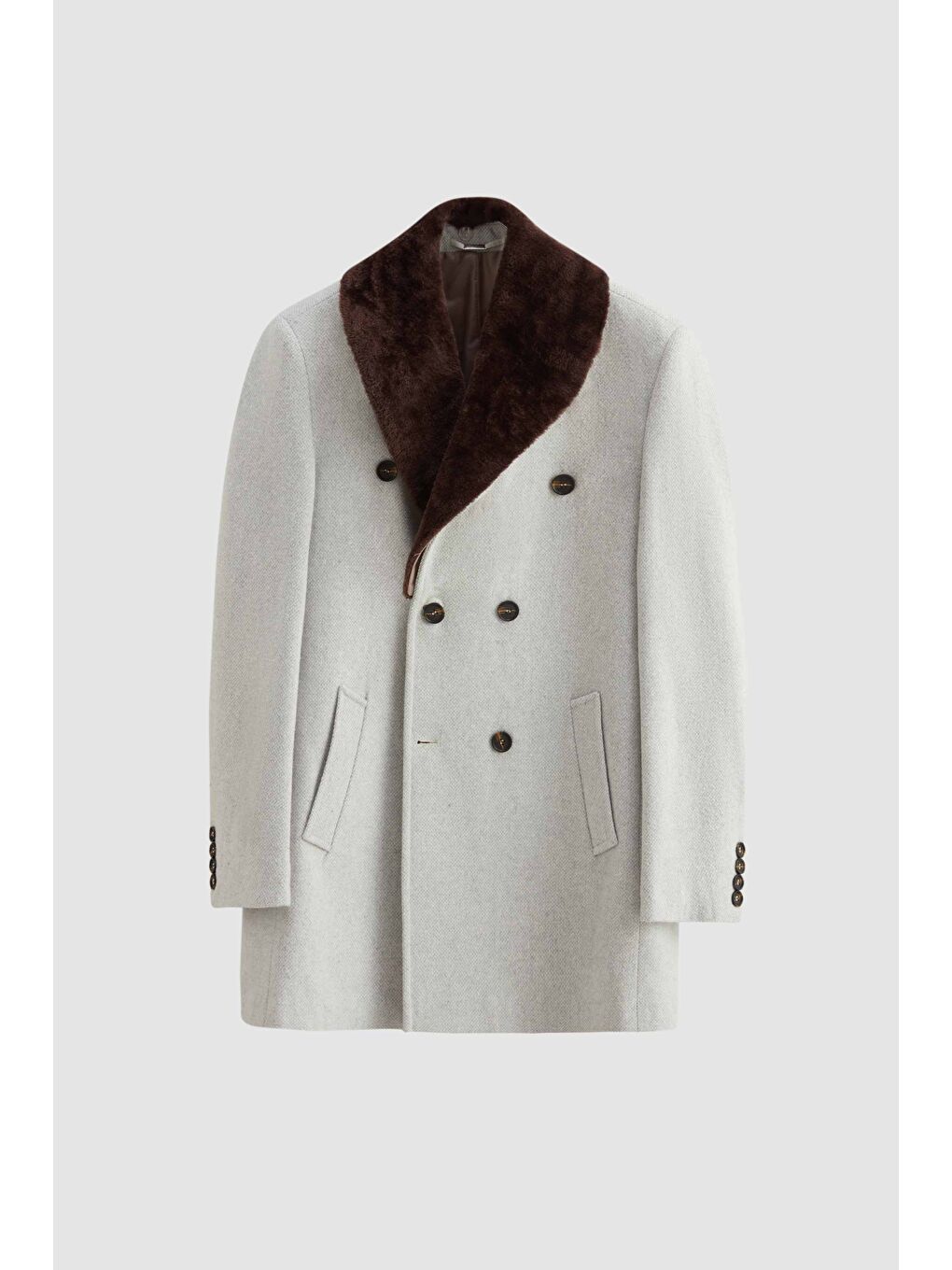 Regular Fit Bej Yakası Çıkartılabilir Kürklü Kruvaze Kaban-4