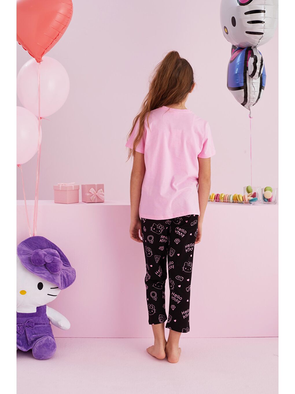 SİYAH İNCİ Pembe Hello Kitty Lisanslı %100 Pamuk Pembe Çok Renkli Bisklet Yaka Pijama Takım - 2