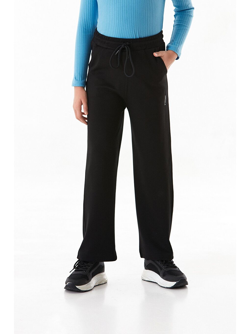 Siyah Angels Yazı Baskılı Beli Lastikli Kız Çocuk Eşofman Altı-4