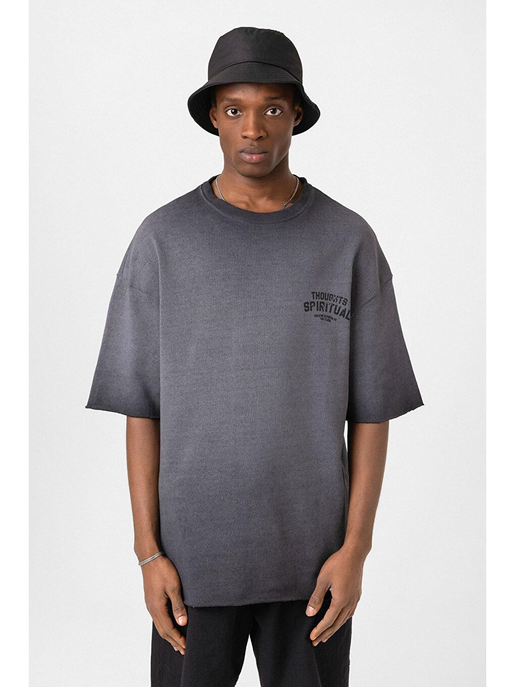 Yıkamalı Oversize Triko Tişört Siyah-2